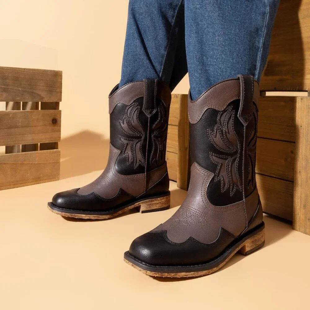 ⚡Girls Brown Black Square Toe Mid Calf Cowgirl Boot Western Fashion Riding Shoes